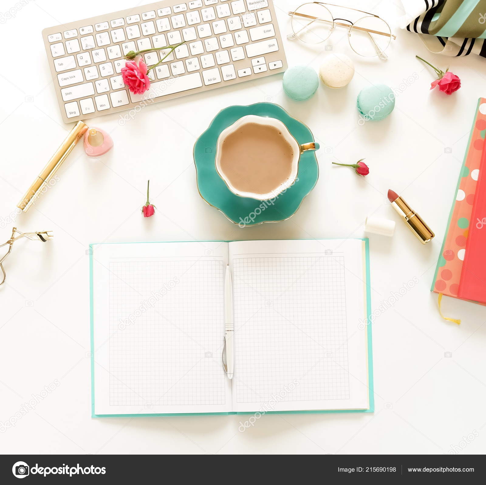 Flat Lay Women Office Desk Female Workspace Laptop Flowers Roses
