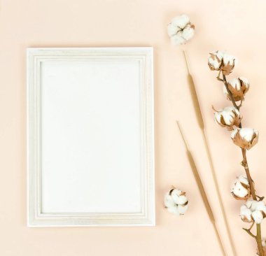 Şık şeyler dekor ve çerçeve soluk bej renkli arka plan üzerinde sahte kadar düz yatıyordu yaratıcı ev büro. Üstten görünüm. Kopya alanı