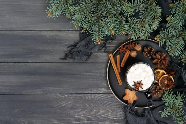 장식에서 크리스마스 구성입니다 전나무의 코코아 어두운 쟁반에 View Copy — 스톡 사진