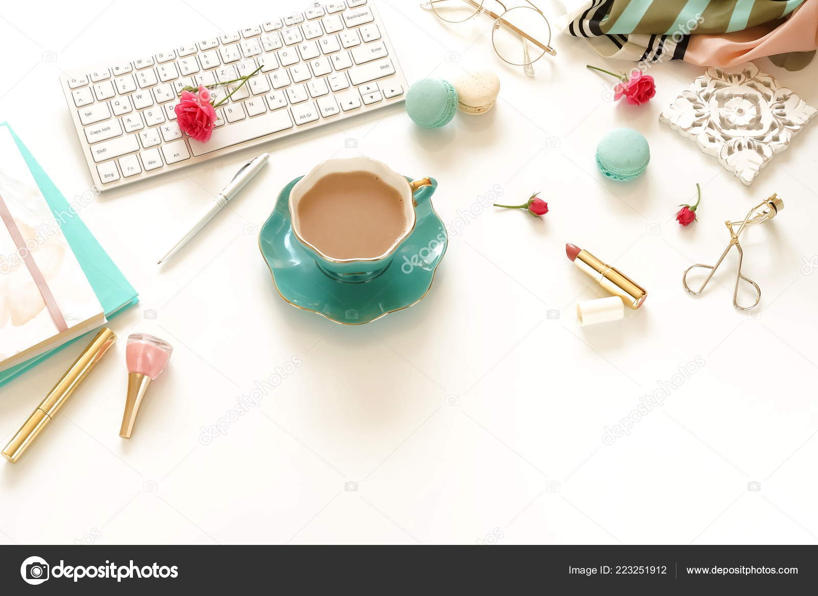 Flat Lay Women Office Desk Female Workspace Laptop Flowers Roses