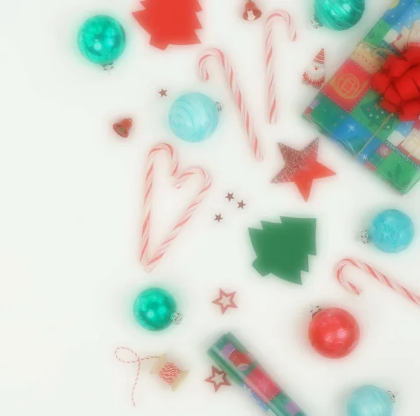 Kerstmis Samenstelling Achtergrond Van Decoraties Witte Achtergrond Blure Effect Xmas — Stockfoto
