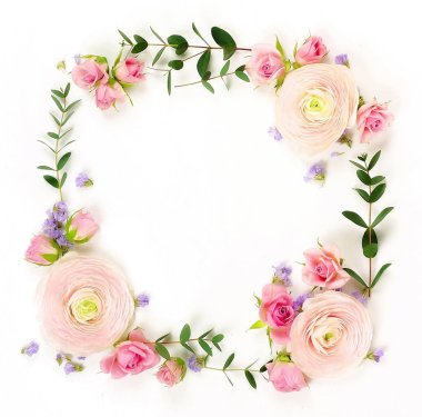 Çiçekler arka plan. Pembe güller ve ranunkulus, okaliptüs branshes beyaz zemin üzerine çiçek çelenk çerçeve. Üstten görünüm. Kopya alanı