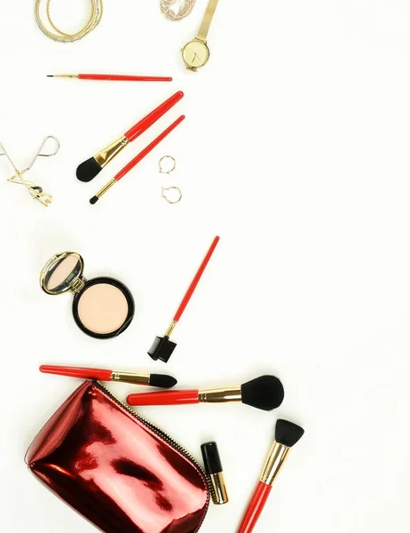 Maquillaje Productos Cosméticos Set Pinceles Cosméticos Bolsa Vista Superior Sobre — Foto de Stock