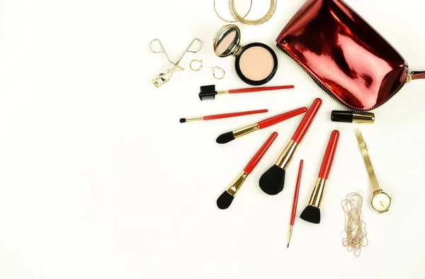 Maquillaje Productos Cosméticos Set Pinceles Cosméticos Bolsa Vista Superior Sobre — Foto de Stock