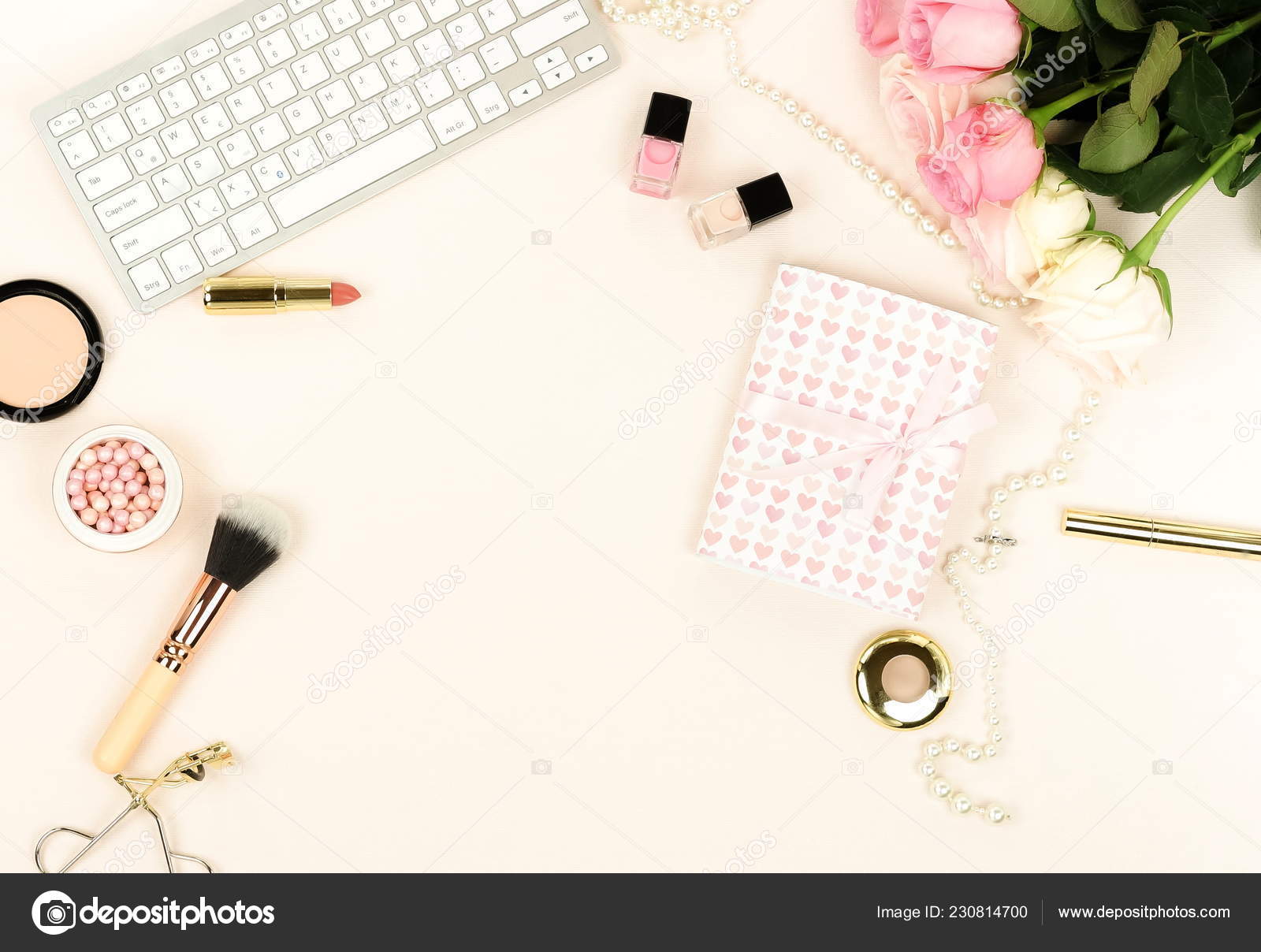 Flat Lay Women Office Desk Workplace Flowers Female Workspace