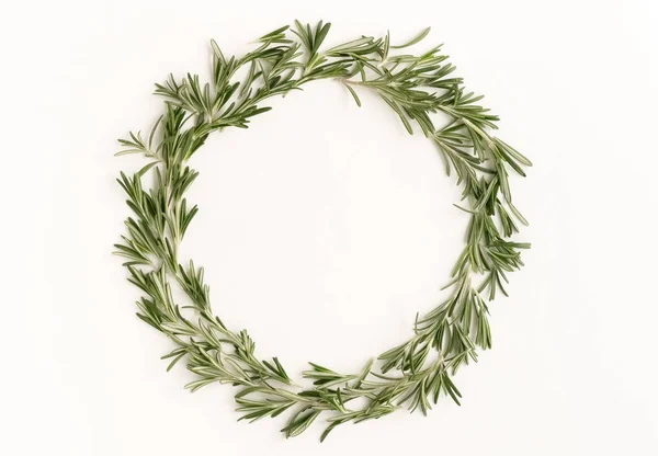 Green Leaves Rosemary Herb Pattern Wreath Frame White Background Flat — Stock Photo, Image
