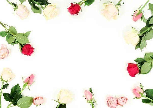 Цветы Фон Граница Рамки Красивых Розовых Красных Роз Красных Сердец — стоковое фото