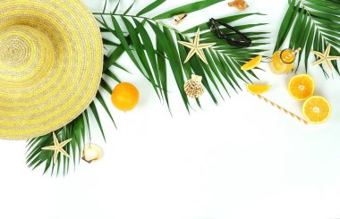 Palm yeşil yaprakları, taze portakal ve beyaz zemin üzerine portakal suyu