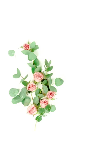 Green Eucalyptus Twigs Pink Roses White Background — Stock Photo, Image