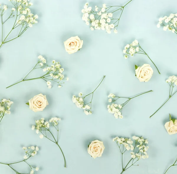 Felülnézet Gyönyörű Fehér Virágok Kék Háttérrel — Stock Fotó
