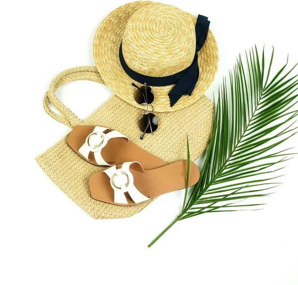 Hoja Palma Verde Sombrero Gafas Sol Sobre Fondo Blanco — Foto de Stock