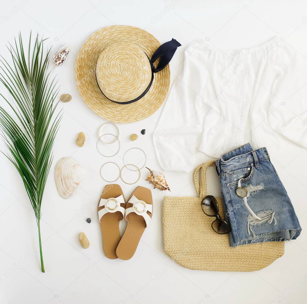 beautiful feminine summer outfit on white background