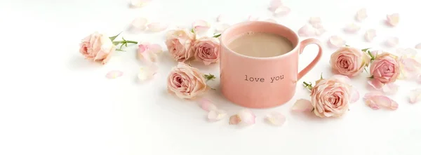 Close View Beautiful Pink Flowers Cup Coffee White Background — Stock Photo, Image