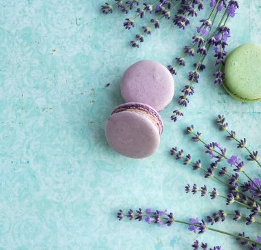 mavi arka plan üzerinde güzel lavanta çiçekleri ve makarna yakından görünümü