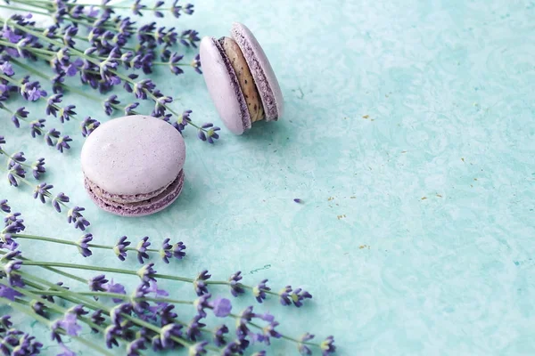 Nahaufnahme Von Schönen Lavendelblüten Und Macarons Auf Blauem Hintergrund — Stockfoto