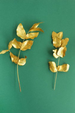Altın okaliptüs yeşil arka plan üst görünümü, düz yatıyordu poster desen bırakır. Selamlar çiçek minimal kart