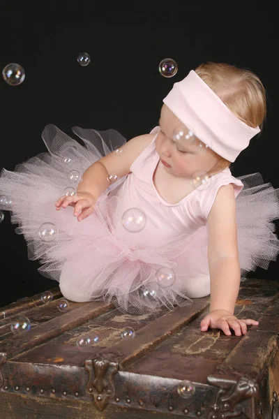 Blond Girl Wearing Ballet Tutu Playing Bubbles — Stock Photo, Image
