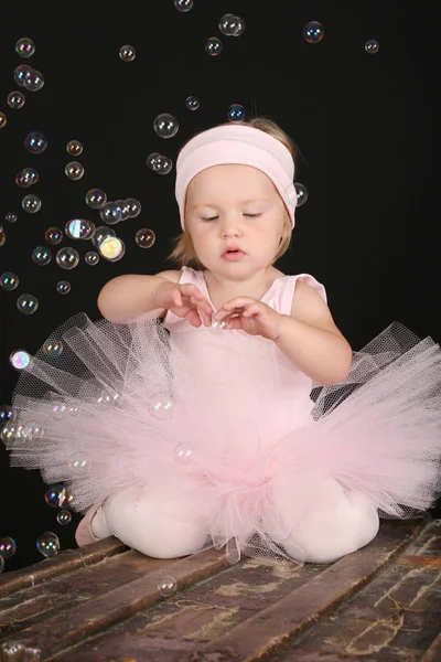 Blond Girl Wearing Ballet Tutu Playing Bubbles — Stock Photo, Image