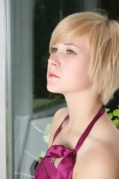 Beautiful Blond Female Leaning Door Expressing Sadness Loneliness — Stock Photo, Image