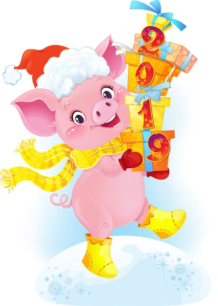 ギフト用の箱と黄色の素朴な豚 中国の星座のかわいいシンボル — ストックベクタ