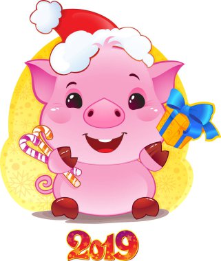 Hediye kutusu için yeni yıl 2019 domuzla. Çin burç şirin sembolü. 2019 için Çince burç sembolü. Sevimli domuz karikatür tarzı. Happy 2019 yeni yıl kartı. Şirin komik piglet tatil tebrik. 
