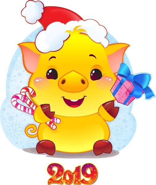 2019年のギフト ボックスと黄色の素朴な豚 中国の星座のかわいいシンボルです 2019 の中国語星座のシンボルです 漫画のスタイルのかわいいブタ ハッピー 2019年年賀状 休日を祝うかわいい面白いピグレット — ストックベクタ