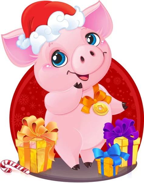 2019年のクリスマス プレゼントとかわいい小さな子豚 2019年の黄色の素朴な豚 中国の星座のかわいいシンボル — ストックベクタ