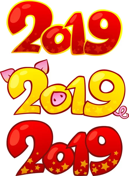 2019 幸せな新年は テキスト要素をデザインします 幸せな中国の旧正月 2019 黄色の素朴な豚は 設計要素 カード カレンダー パンフレットの型板の挨拶新しい — ストックベクタ