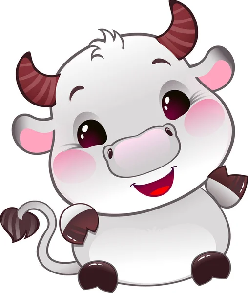 ホワイトメタル牛 新年のための中国のホロスコープのシンボル 漫画風のかわいい牛の子牛 ハッピー2021年新年カード — ストックベクタ