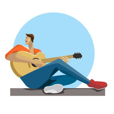 Beyaz müzisyen elinde gitar ile oturuyor. Akustik gitar çalmak hipster adam.