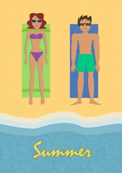 Illustration vectorielle modifiable d'un homme et d'une femme bronzant sur des serviettes de plage — Image vectorielle