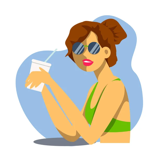 Illustration vectorielle de dessin animé créatif. Jolie jeune femme boit soda, cocktail ou milk-shake au bar de la plage. Fille dans des lunettes . — Image vectorielle