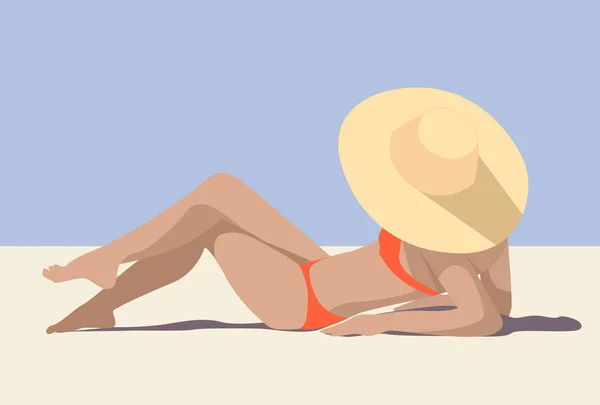 Fille dans le chapeau sur la plage ensoleillée bronzage — Image vectorielle