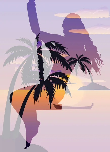 Doble exposición hermosa chica y playa tropical con palmeras, el océano y la isla — Vector de stock