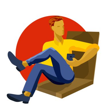 Dostum oturma ile akıllı telefon, SMS, mesaj, oynarken, cep telefonuyla vektör çizim karikatür. Oturma ve cep telefonuyla genç adam tam uzunlukta portresi