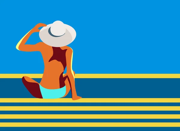 A vector retro poster with a girl in a big hat sitting on the pool or beach. A woman from the back back looking at the sea — Stock Vector