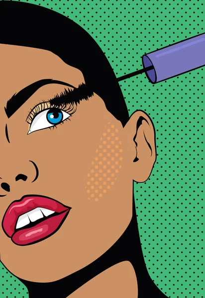 Ein Mädchen mit kurzen Haaren beim Make-up. Frau hält eine Hand mit Wimperntusche in Augennähe. Illustration mit einem Mädchen im Pop-Art-Stil. — Stockvektor