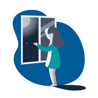 Kız pencereden dışarı bakarak. vektör çizim.