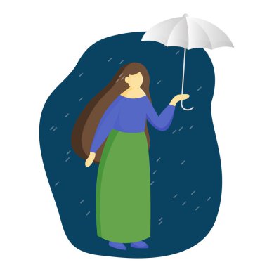 Tam büyüyen bir kadın şemsiyenin altında duruyor. Bir kız profili. Vektör düz illüstrasyon