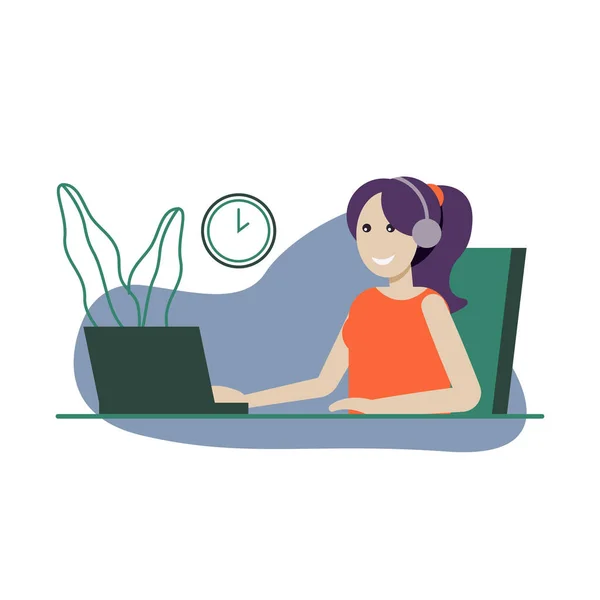 Servizio clienti. Donna con cuffie e microfono con laptop. Illustrazione concettuale per supporto, assistenza, call center . — Vettoriale Stock