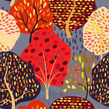 Stilize sonbahar ağaçları ile sorunsuz arka plan. Orman parlak desen.