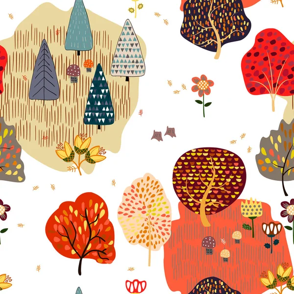 Stilize sonbahar ağaçları ile sorunsuz arka plan. Orman parlak desen. — Stok Vektör