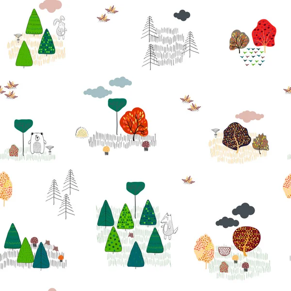 Fondo sin costuras con árboles de otoño estilizados. Bosque patrón brillante . — Archivo Imágenes Vectoriales