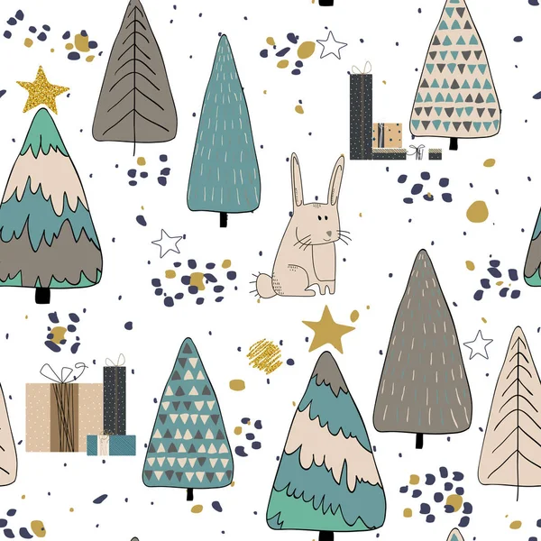 Winter Forest seamless pattern background. Scandinavian style. — Stock Vector