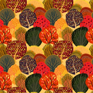 Stilize sonbahar ağaçları ile sorunsuz arka plan. Orman parlak desen.