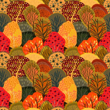 Stilize sonbahar ağaçları ile sorunsuz arka plan. Orman parlak desen.