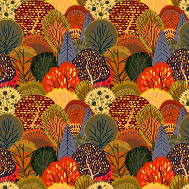 Stilize sonbahar ağaçları ile sorunsuz arka plan. Orman parlak desen.