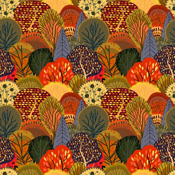 Stilize sonbahar ağaçları ile sorunsuz arka plan. Orman parlak desen.