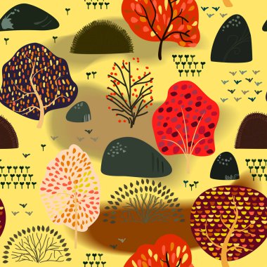 Stilize sonbahar ağaçları ile sorunsuz arka plan. Orman parlak desen.