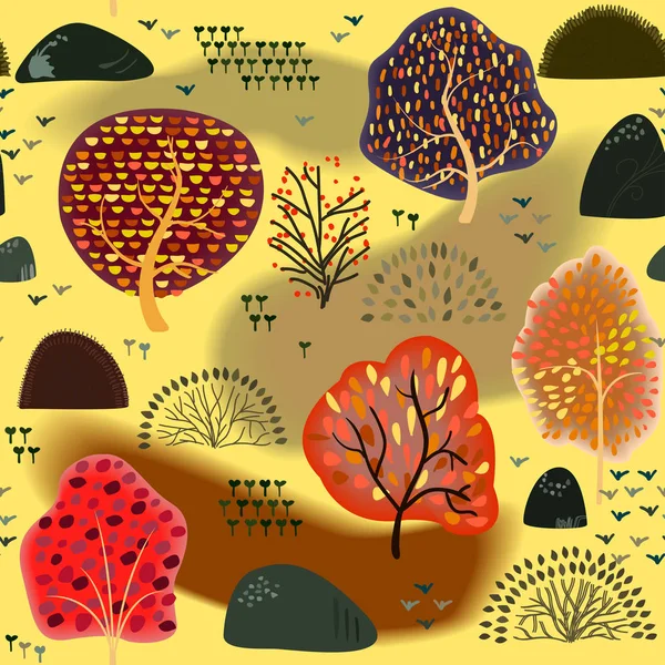 Fondo sin costuras con árboles de otoño estilizados. Bosque patrón brillante . — Vector de stock
